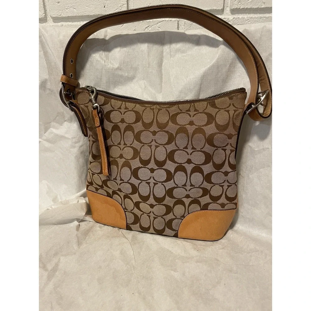 Coach Signature Hobo Bag Brown Tan Canvas Leather Zipper Issue AS IS Orange